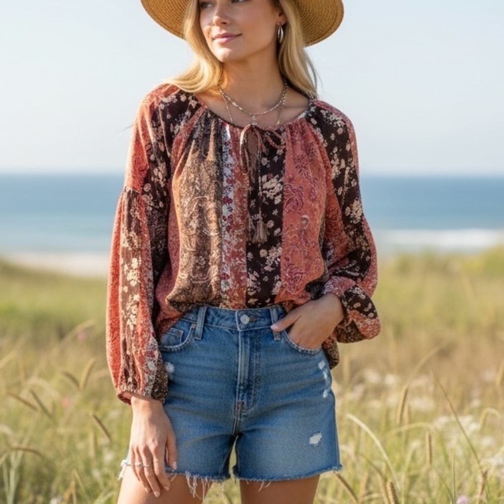 Dex Western Boho Patchwork Floral Paisley Peasant Blouse Brown Rust Small